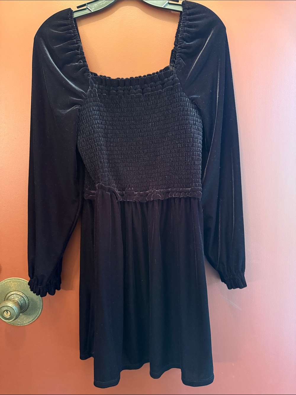 Black Long-Sleeve Velvet Smocked Bodice Dress - Women